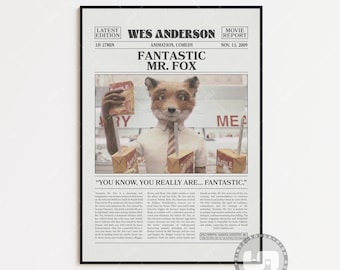Poster di Fantastic Mr. Fox, Wes Anderson, poster retrò del film di giornale, stampa artistica in bianco e nero, stampa artistica retrò vintage