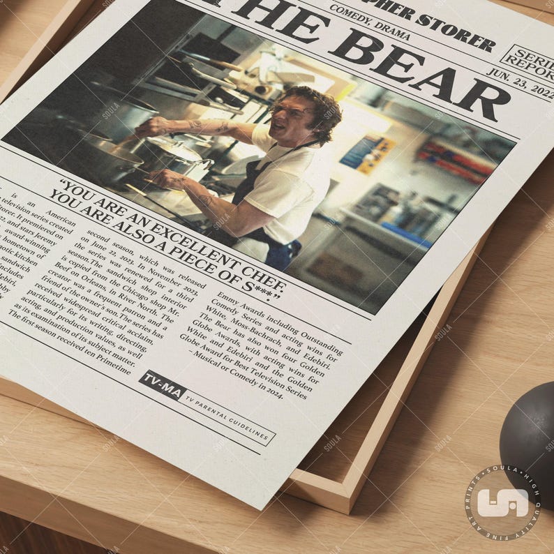 The Bear Poster, Jeremy Allen White, TV Series Poster, Retro Newspaper, Black White Wall Art, Vintage Retro Art, Custom Tv Show Poster image 5
