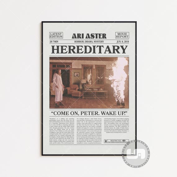 Hereditary, Ari Aster, Retro Newspaper Movie Poster, Black White Wall Art, Vintage Retro Art Print