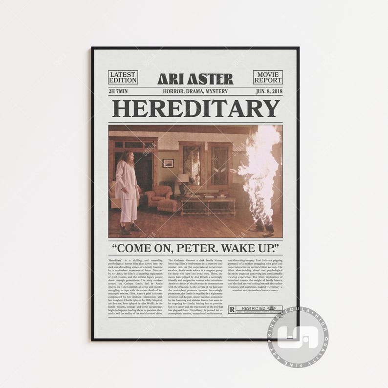 Hereditary, Ari Aster, Retro Newspaper Movie Poster, Black White Wall Art, Vintage Retro Art Print Colored