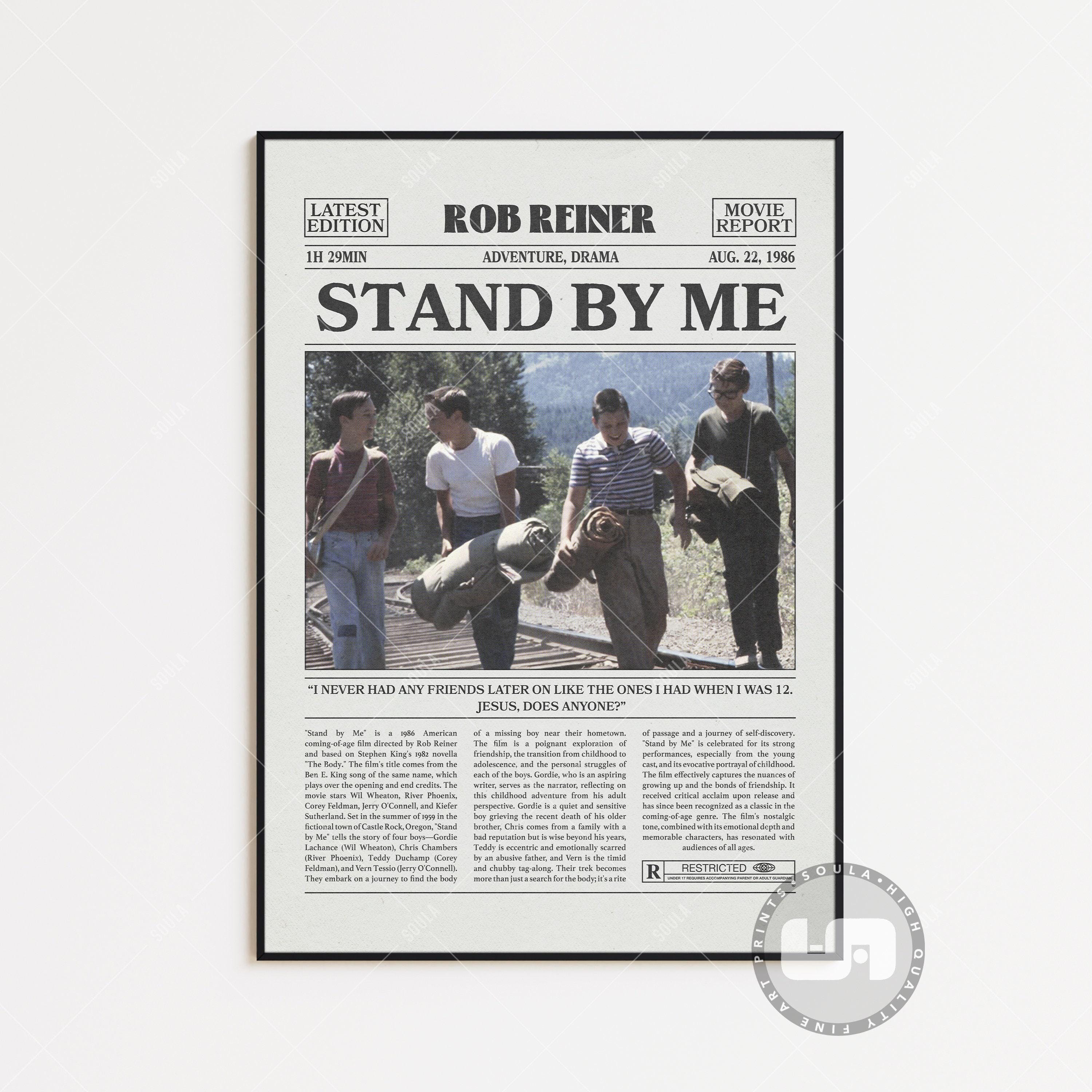 Stand by Me Poster, Rob Reiner, Movie Poster, Retro Newspaper, Black White Wall Art, Vintage Retro Art Print, Custom Movie Poster