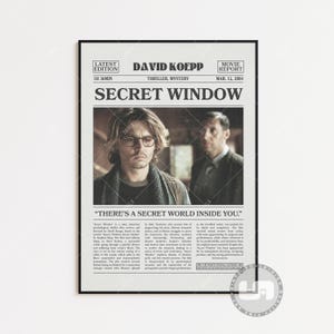 Secret Window Poster, David Koepp, Movie Poster, Retro Newspaper, Black White Wall Art, Vintage Retro Art Print, Custom Movie Poster