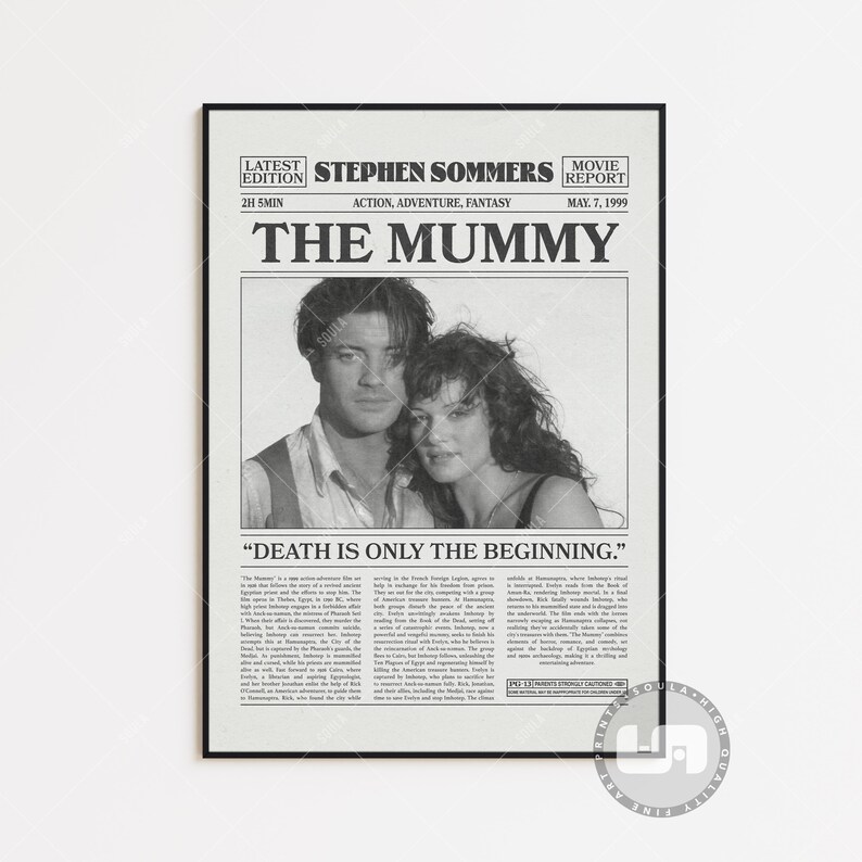 The Mummy Poster, Stephen Sommers, Movie Poster, Retro Newspaper, Black White Wall Art, Vintage Retro Art Print, Custom Movie Poster Black & White