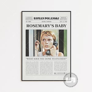 Rosemary&#39;s Baby Poster, Roman Polanski, Movie Poster, Retro Newspaper, Black White Wall Art, Vintage Retro Art Print, Custom Movie Poster