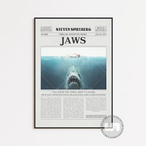 Jaws, Steven Spielberg, Retro Newspaper Movie Poster, Black White Wall Art, Vintage Retro Art Print