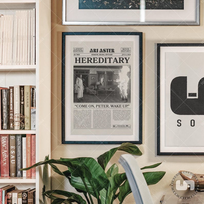Hereditary, Ari Aster, Retro Newspaper Movie Poster, Black White Wall Art, Vintage Retro Art Print image 4