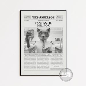 Fantastic Mr. Fox Poster, Wes Anderson, Retro Newspaper Movie Poster, Black White Wall Art, Vintage Retro Art Print Black & White