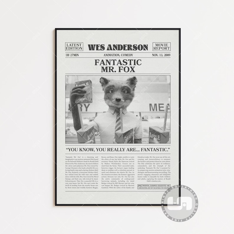 Fantastic Mr. Fox Poster, Wes Anderson, Retro Newspaper Movie Poster, Black White Wall Art, Vintage Retro Art Print Black & White