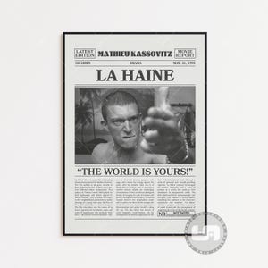 La haine, Mathieu Kassovitz, Retro Newspaper Movie Poster, Black White Wall Art, Vintage Retro Art Print