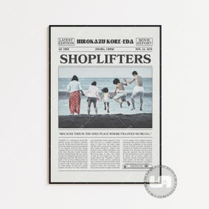 May include: A black and white movie poster for the film "Shoplifters" directed by Hirokazu Kore-eda. The poster features a group of people on a beach, with the title of the film in large, bold letters. The poster also includes the text "Drama, Crime" and "Nov. 23, 2018".