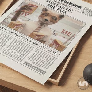 Fantastic Mr. Fox Poster, Wes Anderson, Retro Newspaper Movie Poster, Black White Wall Art, Vintage Retro Art Print image 5