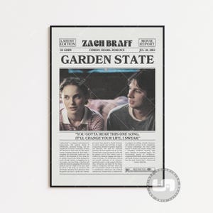Póster de Garden State, Zach Braff, póster de película de periódico retro, arte de pared en blanco y negro, impresión de arte retro vintage