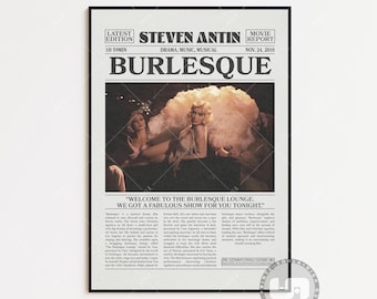 Burlesque Poster, Steve Antin, Retro Newspaper Movie Poster, Black White Wall Art, Vintage Retro Art Print