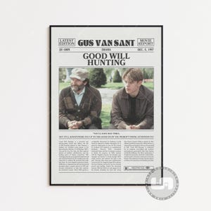 Może przedstawiać: Czarno-biały plakat filmowy do filmu Good Will Hunting. Plakat przedstawia zdjęcie Matta Damona i Robina Williamsa siedzących na ławce w parku. Plakat zawiera również tytuł filmu, reżysera i datę premiery.