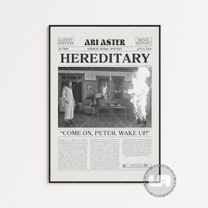 Hereditary, Ari Aster, Retro Newspaper Movie Poster, Black White Wall Art, Vintage Retro Art Print Black & White