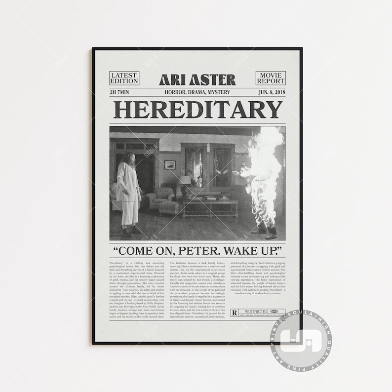 Hereditary, Ari Aster, Retro Newspaper Movie Poster, Black White Wall Art, Vintage Retro Art Print Black & White