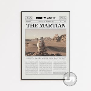 The Martian Poster, Ridley Scott, Movie Poster, Retro Newspaper, Black White Wall Art, Vintage Retro Art Print, Custom Movie Poster