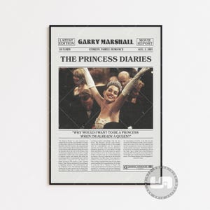 The Princess Diaries Poster, Garry Marshall, Movie Poster, Retro Newspaper, Black White Wall Art, Vintage Retro Art Print, Custom Movie