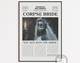 Corpse Bride, Tim Burton, Retro Newspaper Movie Poster, Black White Wall Art, Vintage Retro Art Print