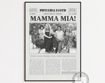 Mamma Mia!, Phyllida Lloyd, Retro Newspaper Movie Poster, Black White Wall Art, Vintage Retro Art Print, Custom Movie Poster, Movie Print