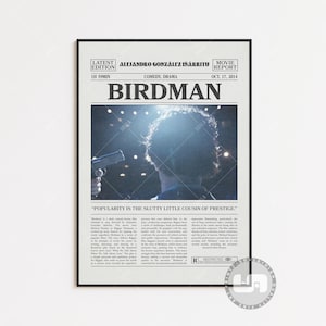 Poster Birdman, Alejandro G. Iñárritu, Poster di film retrò di giornale, Arte murale in bianco e nero, Stampa artistica retrò vintage