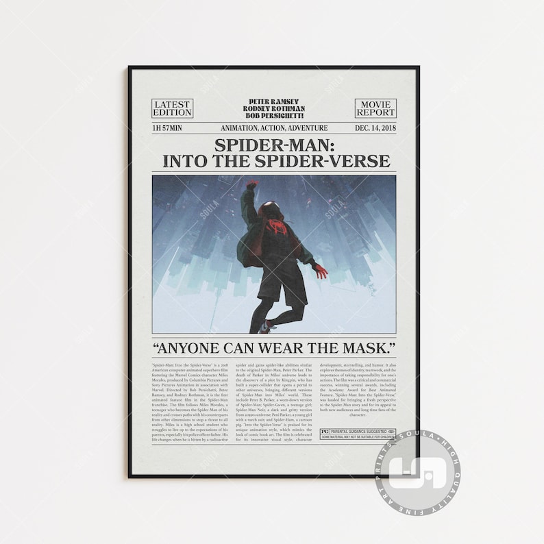Spider-Man: Un nuovo universo Poster, Poster del film, Giornale retrò, Arte murale in bianco e nero, Stampa artistica retrò vintage, Film personalizzato Colored