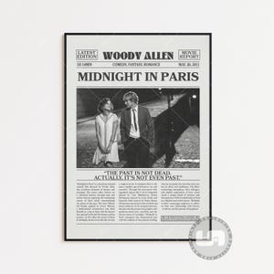 Midnight in Paris, Woody Allen, Retro Newspaper Movie Poster, Black White Wall Art, Vintage Retro Art Print, Custom Movie Poster,