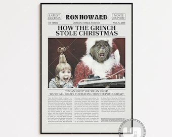 How the Grinch Stole Christmas, Ron Howard , Retro Newspaper Movie Poster, Black White Wall Art, Vintage Retro Art Print