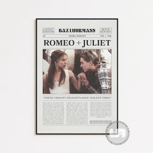 Romeo + Juliet Poster, Baz Luhrmann, Movie Poster, Retro Newspaper, Black White Wall Art, Vintage Retro Art Print, Custom Movie Poster