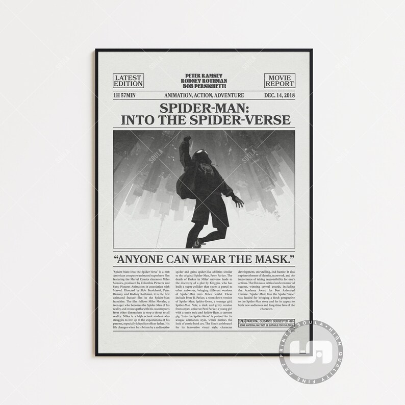 Spider-Man: Un nuovo universo Poster, Poster del film, Giornale retrò, Arte murale in bianco e nero, Stampa artistica retrò vintage, Film personalizzato Black & White