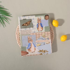 May include: A decorative notebook featuring illustrations of Peter Rabbit and a butterfly. The notebook has a patchwork design with a green and blue gingham pattern, floral accents, and text from a story. Two lemons are placed near the notebook.