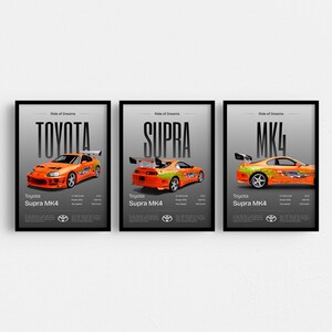 Toyota Supra MK4 Movie Car Poster Set of 3 Prints, JDM Wall Art for Car Enthusiasts, Fast and Furious Garage Decor, Supra Set Car Wall Art