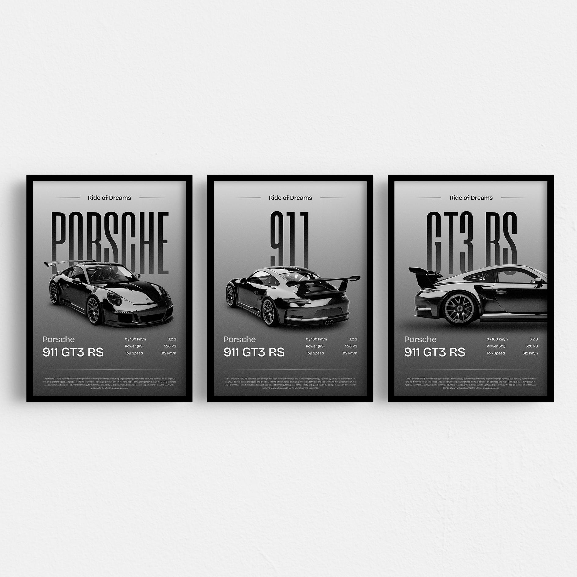 Set of 3 Porsche 911 GT3 RS poster print, Porsche poster, 911 print, car poster, supercar poster, Porsche wall art, car wall art, gift for