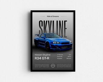 Nissan R34 GT-R, Skyline Poster, Digital Download, Hyper Car Poster, Super Car Print, JDM Art Print, JDM Poster, Home Decor, Car Wall Decor
