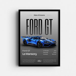 Póster de Ford GT, arte mural de coches, impresión de superdeportivo, decoración de coches de carreras, ilustraciones de coches deportivos, póster de pared, decoración para la cueva del hombre, regalo para entusiastas de los coches.