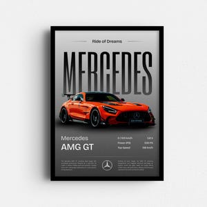 Pôster Mercedes Amg GT, Arte de parede de carro esportivo, Decoração de parede AMG GT, Impressão de carro de luxo, Decoração de supercarro alemão, Arte de parede de escritório de garagem