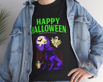 May include: Black t-shirt with a Halloween design. The shirt features the words "HAPPY HALLOWEEN" in green, with a purple wolf howling at a full moon. Ghosts and bats are also included in the design.