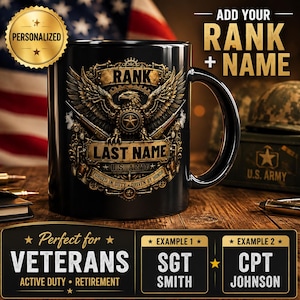 Personlig armémugg, anpassad amerikansk armékaffemugg, present till militärveteran, armérang och efternamn, utplaceringspresent, pensionspresent