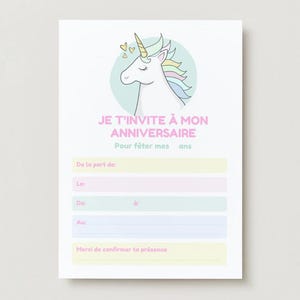 Carte d'invitation anniversaire à télécharger et imprimer - Thème licorne
