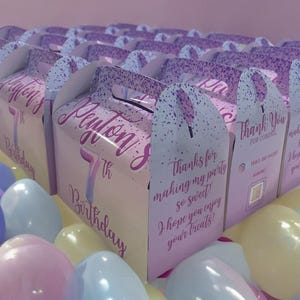 Pink Purple Confetti Personalised Party Favour Gable Boxes, Unique Gift Party Giveaway, Custom Designed Party Lolly Bag for your event theme