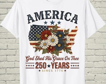 Camiseta patriótica floral, camiseta bohemia con la bandera de EE. UU., regalo del 4 de julio para mujeres, ropa cristiana del 250 aniversario de Estados Unidos, camiseta con la inscripción "Dios derramó su gracia".
