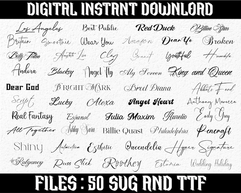 Puede incluir: Una descarga digital de 50 archivos de fuentes en formatos .sug y .ttf. La imagen muestra una colecci&oacute;n de nombres de fuentes escritas a mano, incluyendo "Los Angeles", "Best Public", "Red Duck", "Billion Stars", "Britain", "Smoothie", "Wear You", "Aerefon", "Dear Yo", "Broken", "Billy Faites", "Antet Tom", "Clay", "Granit", "Youthful", "Humble", "Andora", "Blacksy", "Angel Fly", "Aly Screen", "King and Queen", "Dear God", "BRIGHT MARK", "Breed Diana", "Abbets Fond", "Script", "Lucky", "Alexa", "Angel Heart", "Anthony Marecca", "Real Fantasy", "Espanol", "Julia Maxim", "Aurelio", "Early Grey", "All Together", "Ashley Sara", "Billie Quast", "Philadelphia", "Pencraft", "Shiny", "Antarction", "Esthetic", "Queendelia", "Hyper Signature", "Palgancy", "Russ Stick", "Roothey", "Estonia", y "Wedding Holiday".