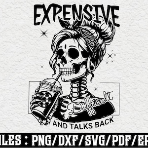 May include: Black and white graphic of a skeleton with a bandana, drinking from a coffee cup. Text above reads "EXPENSIVE", and below "AND TALKS BACK". The image is a digital file, with file type options listed at the bottom.