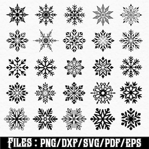 May include: A collection of twenty-four black snowflake designs in various styles. The snowflakes are symmetrical and detailed, with sharp edges and intricate patterns. The bottom of the image displays the text "FILES : PNG/DXF/SVG/PDF/EPS".