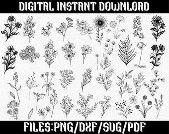 Paquete SVG de flores silvestres, SVG de prado de flores, SVG de borde de flores, ramo de flores minimalista, clipart de flores silvestres, SVG de boceto de flores