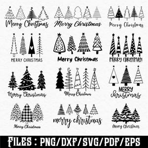 May include: A collection of black and white Christmas tree designs with the text "Merry Christmas" in various fonts. The image includes different styles of trees, from simple outlines to detailed patterns, suitable for holiday crafts.