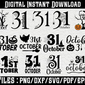 以下が含まれることがあります： ハロウィーンをテーマにしたデザインのデジタルダウンロード。デザインには、数字の31と「10月」の文字、クモ、クモの巣、カボチャ、コウモリなどのハロウィーン要素が含まれています。ファイル形式はPNG、DXF、SVG、PDF、EPSです。