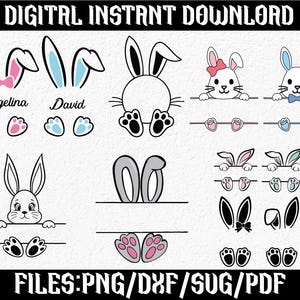 May include: A digital download set of bunny rabbit SVG files for crafting. The set includes a variety of bunny ears, bunny silhouettes, and bunny names. The files are available in PNG, DXF, SVG, and PDF formats.