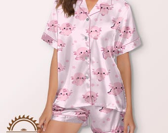 Kawaii Pink Axolotl Satin Pajama Set, Amphibian Loungewear