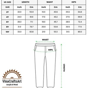 May include: A size chart for children's pajama pants, showing length, waist, and hip measurements in inches and centimetres. Sizes range from 2Y to 10Y. A diagram of the pants indicates the measurement points, with labels for "WAIST", "HIPS", and "LENGTH".